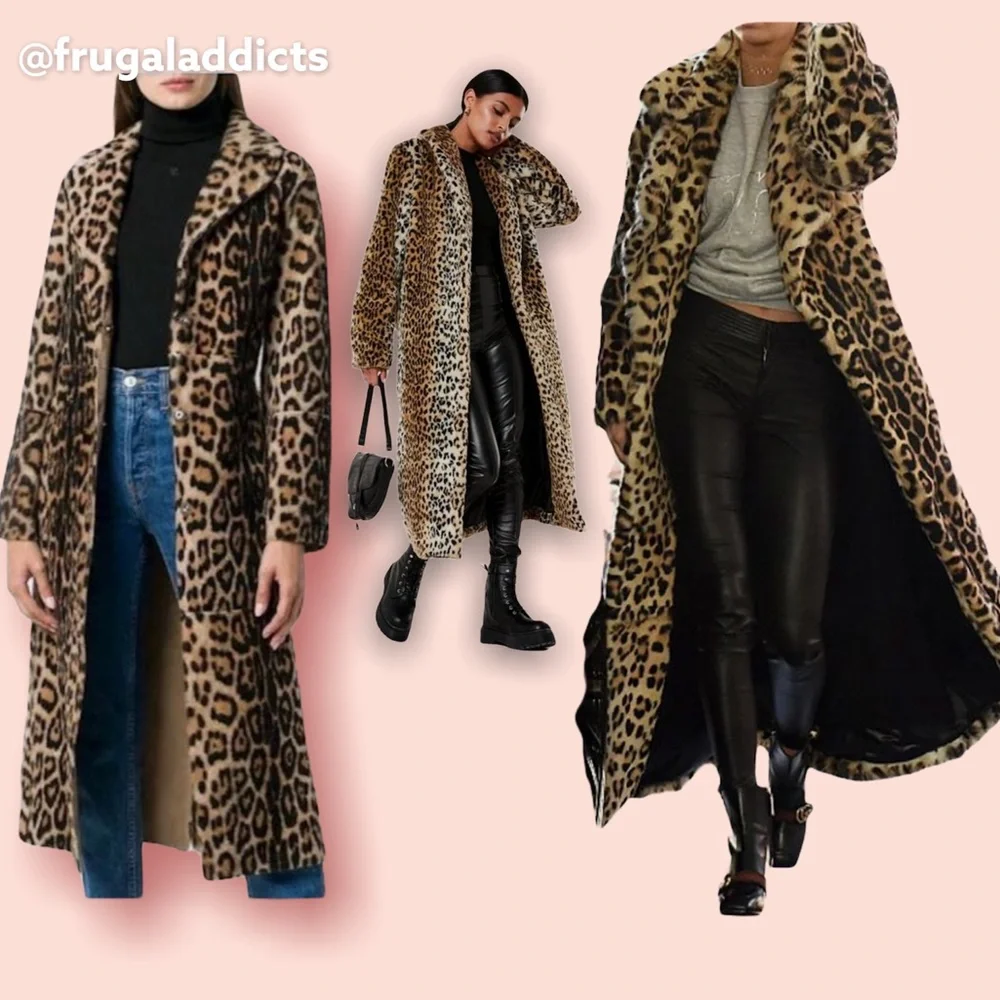 CALVIN KLEIN Leopard Faux Fur Wrap Coat